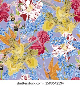 Floral seamless  pattern with bright tropical leaves and exotic flowers. Abstract background texture.
