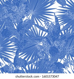 Floral seamless  pattern with bright tropical leaves and exotic flowers. Abstract background texture.