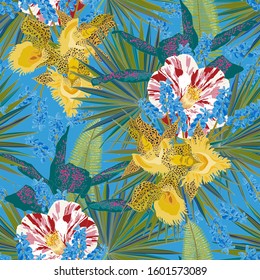 Floral seamless  pattern with bright tropical leaves and exotic flowers. Abstract background texture.