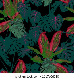 Floral seamless  pattern with bright tropical leaves on dark background.