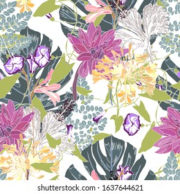 Floral seamless  pattern with bright tropical leaves and exotic flowers. Abstract background texture.