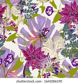 Floral seamless  pattern with bright tropical leaves and exotic flowers. Abstract background texture.