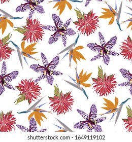 Floral seamless  pattern with bright tropical leaves and exotic flowers. Abstract background texture.