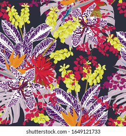 Floral sin fisuras con hojas tropicales brillantes y flores exóticas. Textura de fondo abstracta.