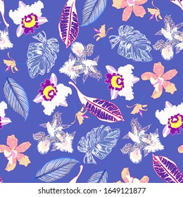Floral seamless  pattern with bright tropical leaves and exotic flowers. Abstract background texture.