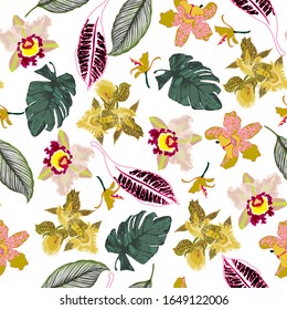Floral sin fisuras con hojas tropicales brillantes y flores exóticas. Textura de fondo abstracta.