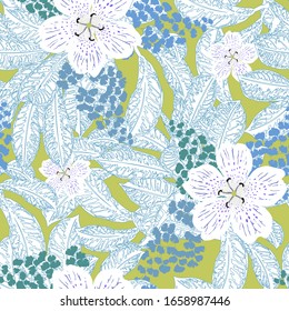 Floral seamless  pattern with bright tropical leaves and exotic flowers. Abstract background texture.