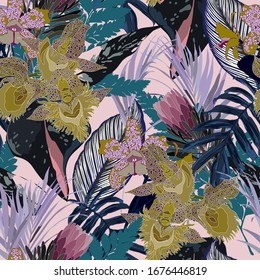 Floral seamless  pattern with bright tropical leaves and exotic flowers. Abstract background texture.