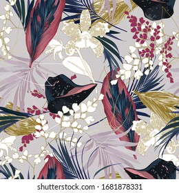 Floral seamless  pattern with bright tropical leaves and exotic flowers. Abstract background texture.