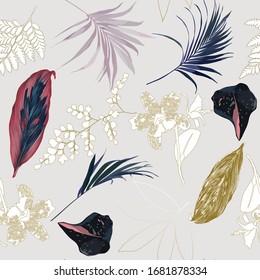 Floral sin fisuras con hojas tropicales brillantes y flores exóticas.Textura de fondo abstracta.