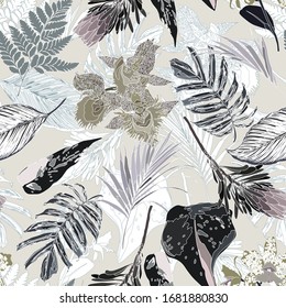 Floral seamless  pattern with bright tropical leaves and exotic flowers. Abstract background texture.