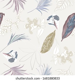 Floral seamless  pattern with bright tropical leaves and exotic flowers. Abstract background texture.