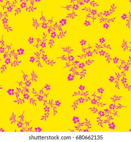 Floral seamless pattern. Bright yellow background with purple flowers for fabric, wallpaper, paper. Imitation embroidery. Millefleurs