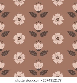 Floral seamless pattern in brown colors. Background with cute flowers and leaves in trendy coffee colors of the year 2025. Hand drawn rustic style