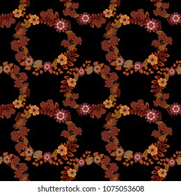 Floral seamless pattern. Brown, magenta and red spring flowers. Wedding invitation template. Floral wall art painting for home. Floral card. Greeting card. Vector abstract flowers.