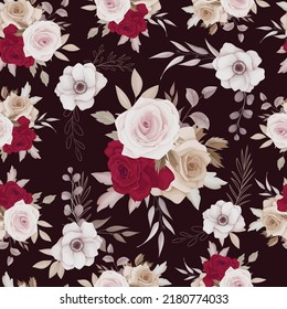 Floral seamless pattern of brown and maroon roses and leaves arrangements