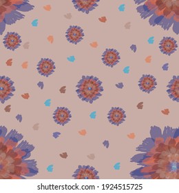 Floral seamless pattern with brown and purple colors on a beige background. Spring flowering elements. For textiles, wallpapers, backgrounds and postcards.