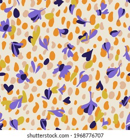 Floral seamless pattern. Brush strokes forming stylized blooming meadow daisy flowers and leaves on colorful painted round and oval shapes background. Simple geometric texture. Nature motif.