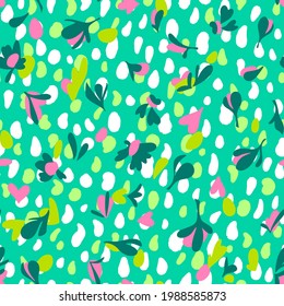 Floral seamless pattern. Brush strokes forming stylized blooming meadow daisy flowers and leaves on colorful painted round and oval shapes background. Simple geometric texture. Nature motif.