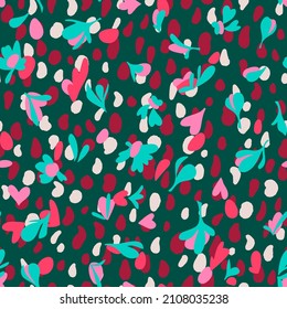 Floral seamless pattern. Brush strokes forming stylized blooming meadow daisy flowers and leaves on colorful painted round and oval shapes background. Simple geometric texture. Nature motif.