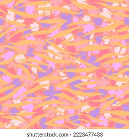 Floral seamless pattern. Brush strokes forming stylized blooming wild flower buds mixed with wavy zebra lines texture. All over print simple geometric shapes. Sketch drawing. Flower silhouettes.