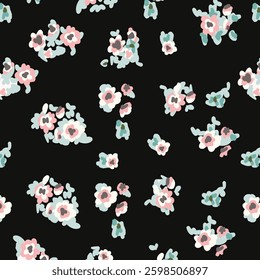 Floral seamless pattern. Brush strokes forming stylized blooming meadow daisy flowers and leaves on colorful painted round and oval shapes background. Simple geometric texture. Nature motif.