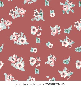 Floral seamless pattern. Brush strokes forming stylized blooming meadow daisy flowers and leaves on colorful painted round and oval shapes background. Simple geometric texture. Nature motif.