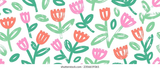 Floral seamless pattern with brush-drawn wild flowers. Colorful abstract plant motif. Summer or spring meadow banner design. Sketch daisies with stems and leaves. Geometric botanical style wallpaper.