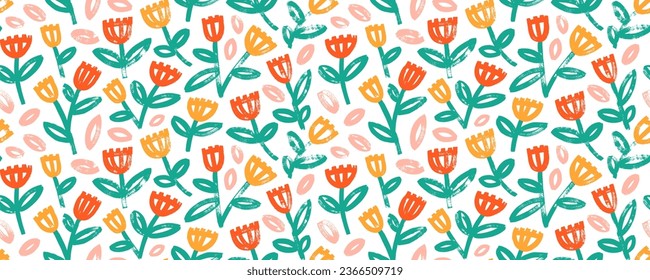 Floral seamless pattern with brush-drawn wild flowers. Colorful abstract plant motif. Summer or spring meadow banner design. Sketch daisies with stems and leaves. Geometric botanical style wallpaper.