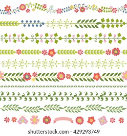Floral seamless pattern brushes,ornament borders set.Vector Plant line borders,brushstroke,flowers,brunches.Flowers and plant Holiday decorations elements.For wedding,easter,mother day,birthday