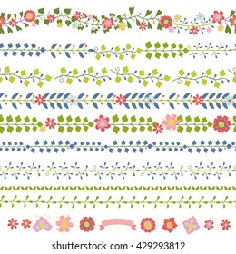 Floral seamless pattern brushes,ornament borders set.Vector Plant line borders,brushstroke,flowers,brunches.Flowers and plant Holiday decorations elements.For wedding,easter,mother day,birthday