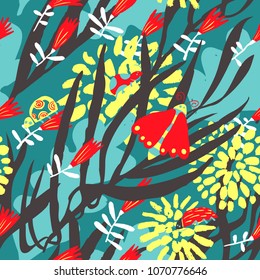 Floral seamless pattern with bugs, beetles, ladybirds, butterflies. Background in decorative hand drawn style with insects and flowers. Vector illustration for surface design