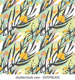 Floral seamless pattern with bugs, beetles, ladybirds, butterflies. Background in decorative hand drawn style with insects and flowers. Vector illustration for surface design