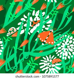 Floral seamless pattern with bugs, beetles, ladybirds, butterflies. Background in decorative hand drawn style with insects and flowers. Vector illustration for surface design