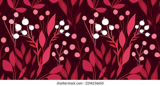 Floral seamless pattern with bunches of berries on a dark red background. Elegant monochrome red botanical print in a simple hand-drawn style. Forest winter, autumn berries. Vector illustration.