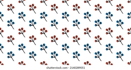 Floral seamless pattern with bunches of red and blue berries isolated on white. Vector illustration. Simple hand drawn doodle clipart. For poster, banner, fabric, print, gift wrap, scrapbook paper.