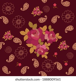 Floral sin costuras con manojos de rosas, paisley y flores rosadas pequeñas sobre fondo marrón. Impresión para tela, diseño de envoltura.
