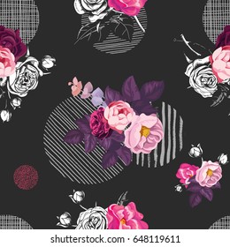 Floral seamless pattern with bunches of wild rose flowers and gray round elements of different textures on black background. Vector illustration in retro style for textile print, wrapping paper.