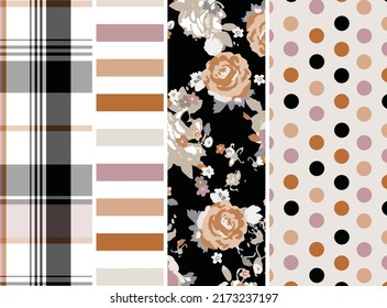 Blumenmuster nahtlose Muster Paket. Tartan, Spot- und Streifen-Set Nahtlose Muster