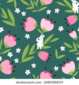 Florales nahtloses Muster mit Hasen. Lustige romantische Hintergrund für Kinder im Cartoon-Stil. Vektorillustration.