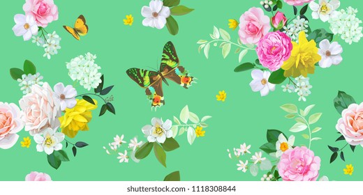 Floral seamless pattern with butterflies