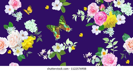 Floral seamless pattern with butterflies