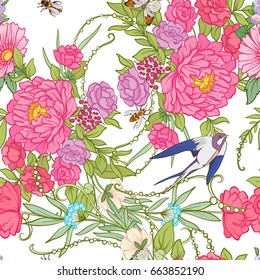 Floral seamless pattern with butterflies