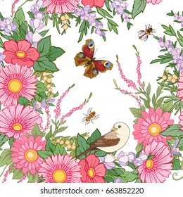 Floral seamless pattern with butterflies