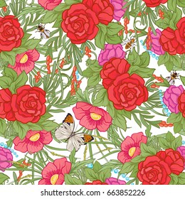 Floral seamless pattern with butterflies