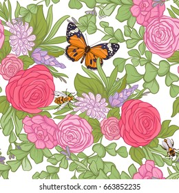 Floral seamless pattern with butterflies