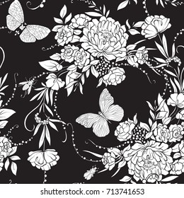 Floral seamless pattern with butterflies 