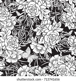 Floral seamless pattern with butterflies 