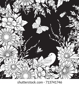 Floral seamless pattern with butterflies 