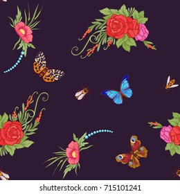 Floral seamless pattern with butterflies
